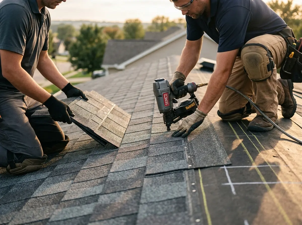 Professional roofer working on a residential roof in Willard